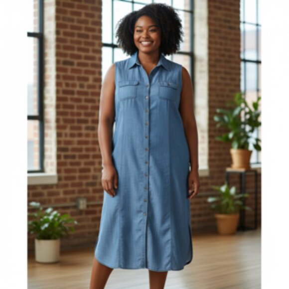 Talbots Chambray Denim Shirt Dress Sleeveless Button Front Belted Women’s 16 - Picture 1 of 11